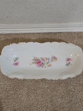 White w/ Multicolored Flowers, Gold Accents: Relish Dish
